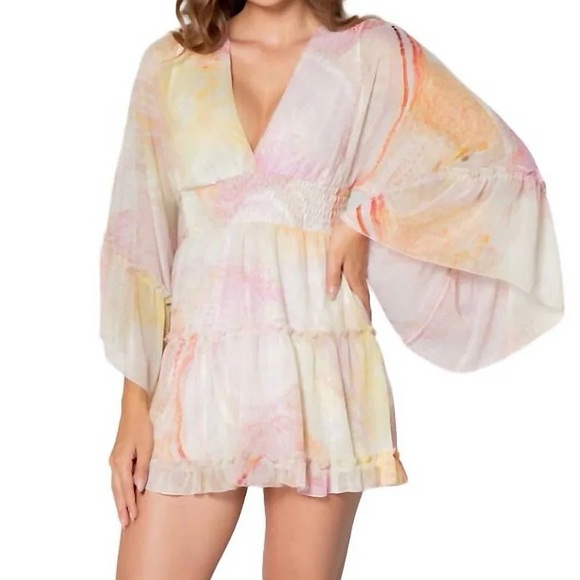 Lavender Brown Dresses & Skirts - Lavender Brown mini dress V-neckline bell sleeves
tiered skirt pastel large NWT